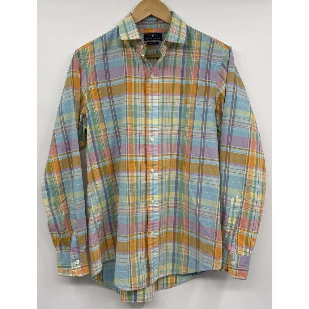 Polo Ralph Lauren Beach Twill Long Sleeve Shirt Men's SZ LG Blue Orange Plaid